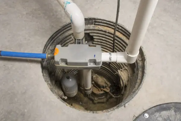 Sump pump in a hole in cement surrounded by pipes