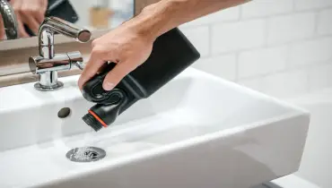 A hand pouring a bottle of drain cleaner into a ceramic bathroom sink.