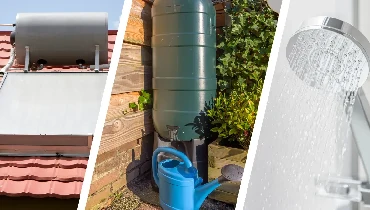Image of a solar-powered water heater, low-flow showerhead, and rainwater harvesting system.
