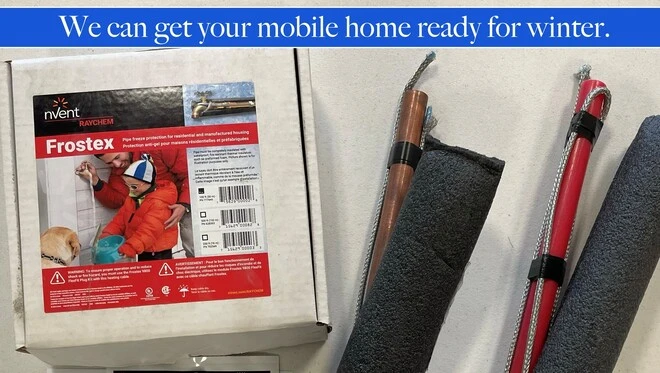 Pipe insulation and heat tape for mobile home water lines with text overlay reading “We can get your mobile home ready for winter