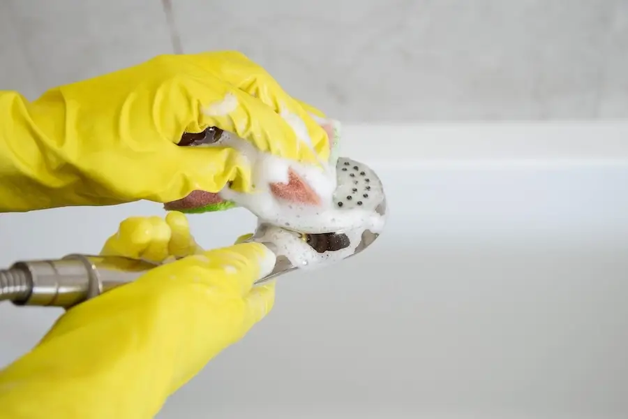 Person wearing yellow rubber gloves scrubbing a shower head with a soapy sponge during cleaning.
