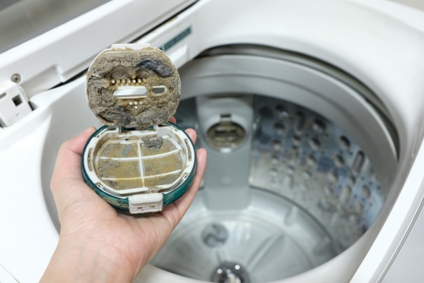Person holding a very dirty debris filter from a top-load washing machine.