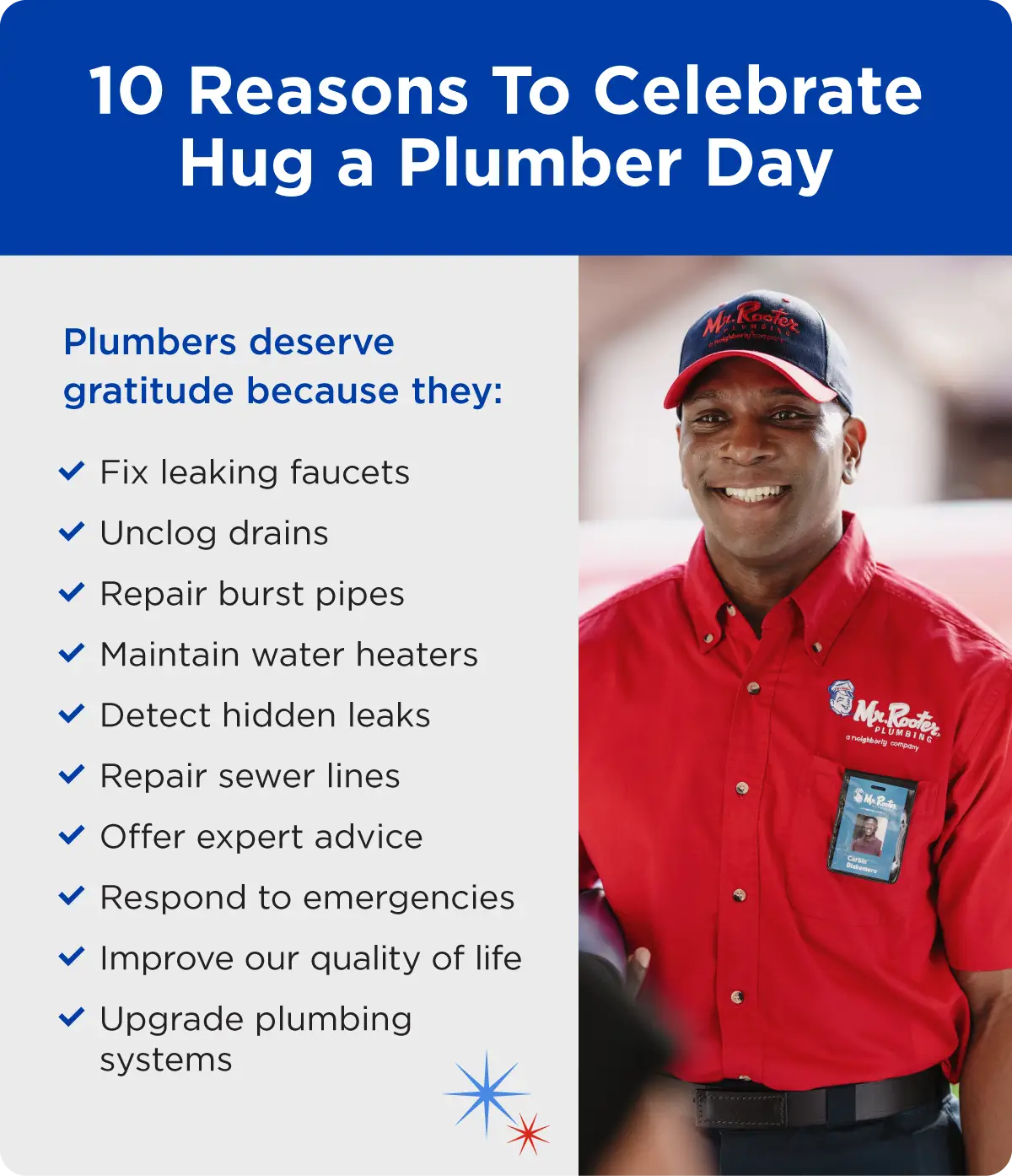 A Mr. Rooter Plumbing service professional and a list of 10 reasons to celebrate National Hug a Plumber Day