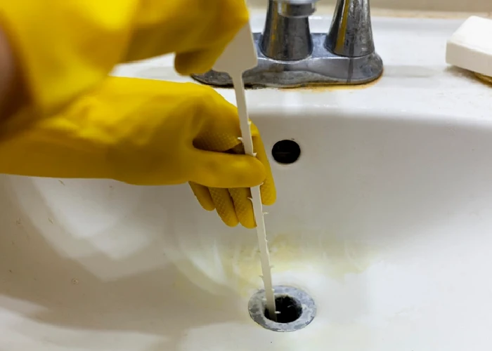 A person wearing yellow gloves attempts to clear their sink’s drain using a rubber auger.
