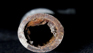 A cross section cut of a rusty galvanized pipe that leads to clogged drains in older homes.