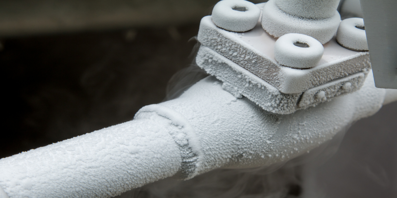 A close-up image of frozen/frosted piping.
