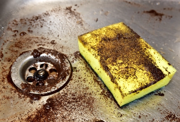 Yellow sponge in a sink with brown grease residue visible on the sponge and in the sink