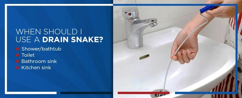 Plumber using a drain snake with text about drain snakes
