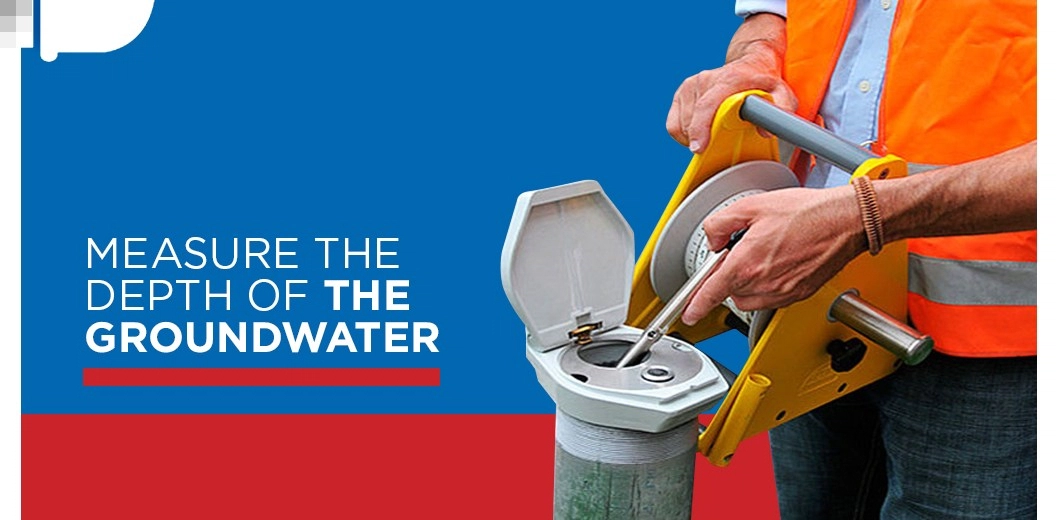 Plumber with text: measure the depth of the groundwater