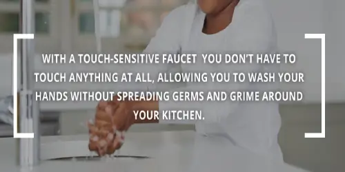 Person washing hands with text about touch-sensitive faucets