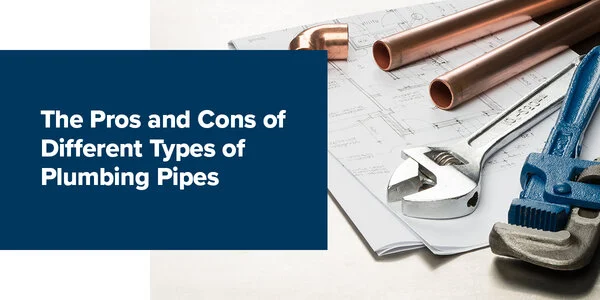 the Pros and cons of different types of plumbing pipes imposed on image of a pipe being repaired
