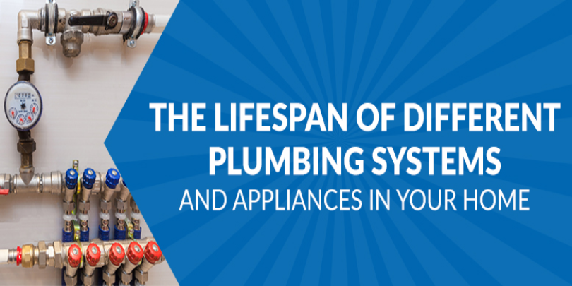 Plumbing system with text: The lifespan of different plumbing systems and appliances in your home.