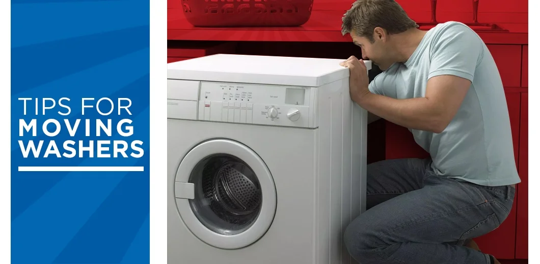 Man moving washer with text: Tips for moving washers