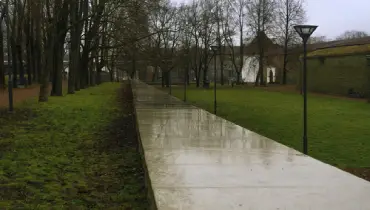 Wet ground and sidewalk during a storm