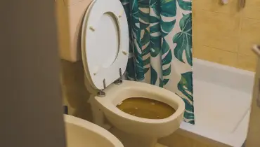 A toilet filled with dirty water because of a sewer backup in San Antonio, TX