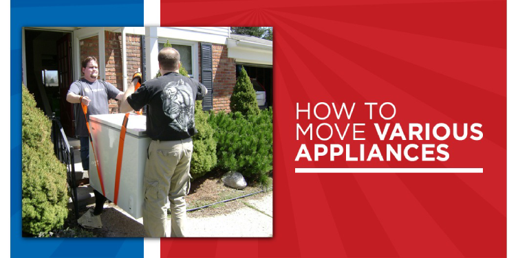 Two men moving an appliance with text: how to move various appliances