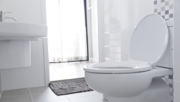 White bathroom with toilet lid open