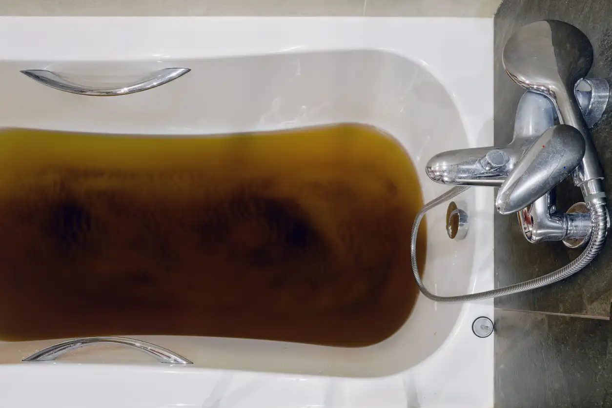 A bathtub filled with dirty water due to a clogged sewer pipe.