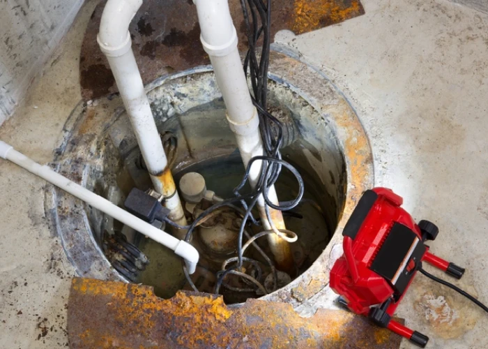 Repairing a sump pump in a basement with a red LED light illuminating the pit.