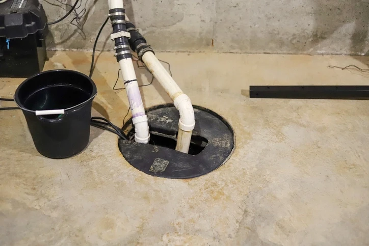 Two PVC pipes are seen coming from a sump pit in a concrete floor.