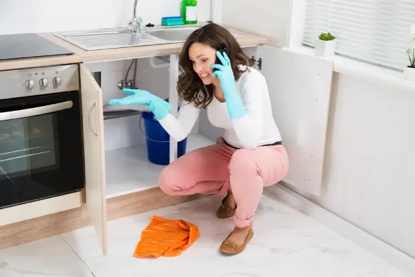 Frustrated woman in blue gloves on the phone next to a leaking sink