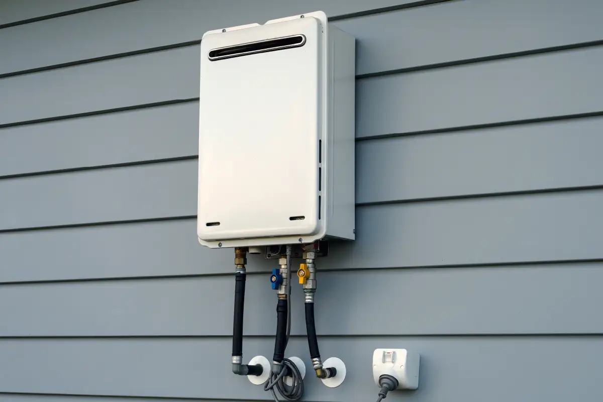 Image of a tankless water heater on a wall.
