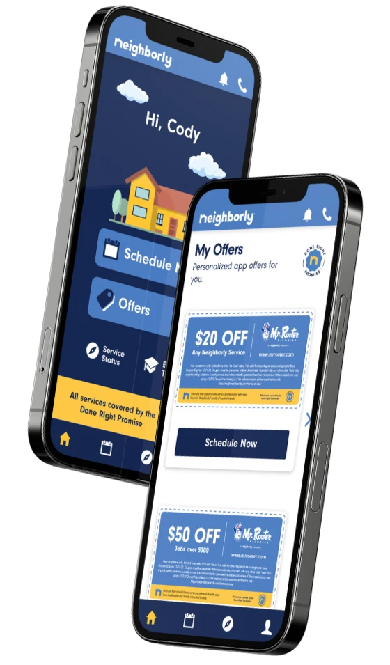 Neighborly App home screen and My Offers page displayed on pair of smartphones.