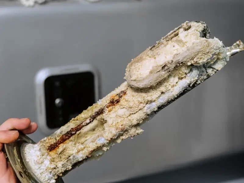 Heating element of an electric water heater with a rusty anode and a tube covered with scale.