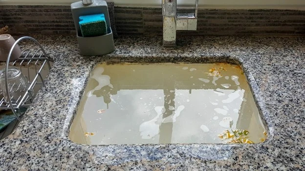 Kitchen sink filled with dirty standing water due to a clog.
