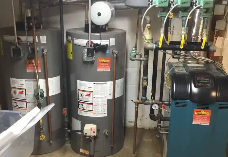 Two conventional hot water tanks in the utility room of a home that has just received plumbing service in East Hampton, NY.