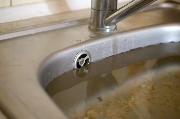 Stainless steel kitchen sink filled with dirty standing water from a clog.