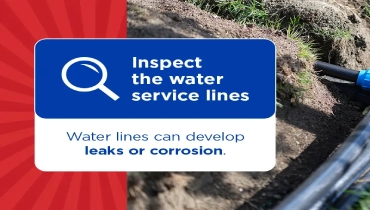Inspect water service lines for leaks or corrosion to prevent damage; image shows partially buried water pipes in soil.