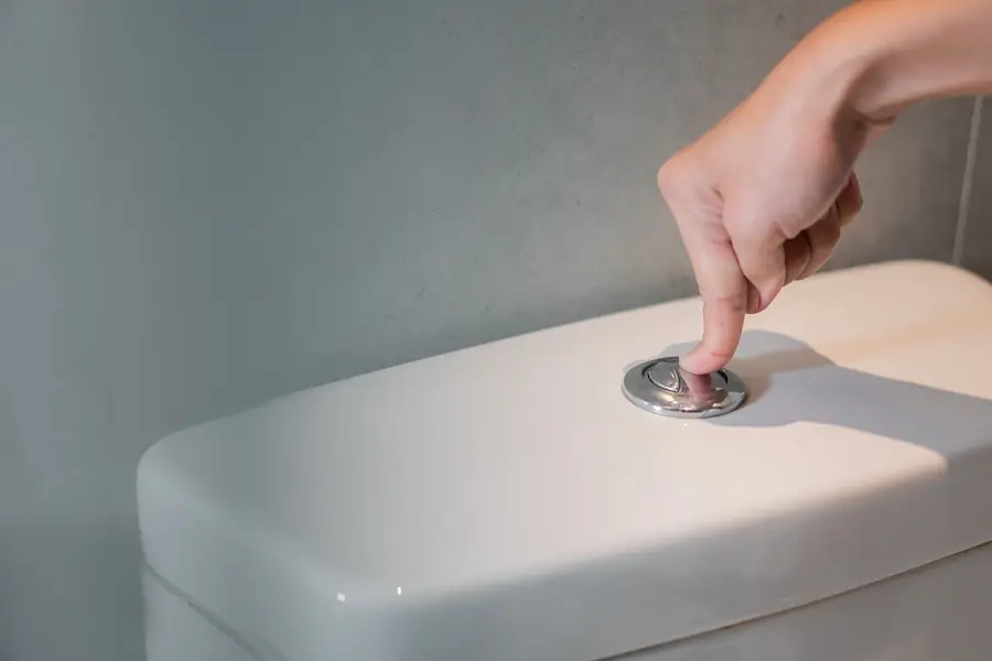 A woman’s finger pressing the flush button of a dual flush toilet to save water consumption.