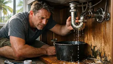 DIY plumbing mistake causing pipe leak under sink.