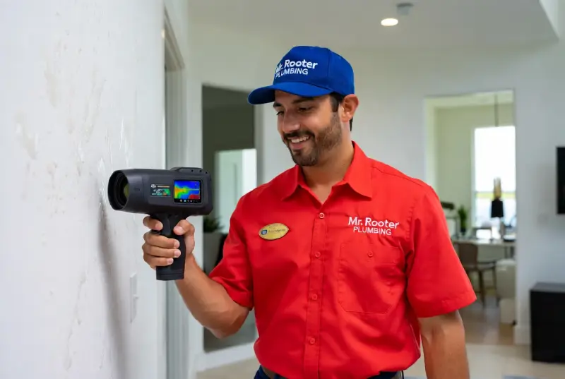 Mr. Rooter professional detecting a hidden leak in a home.