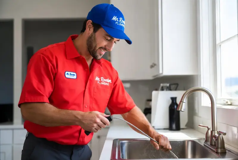 Mr. Rooter professional cleaning a kitchen sink drain.