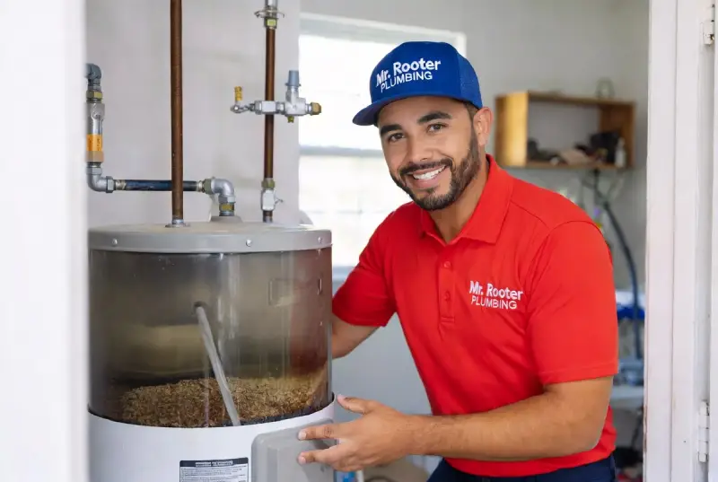 Mr. Rooter professional fixing a water heater.