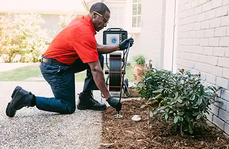 A Mr. Rooter Plumbing technician using a video camera to inspect a damaged sewer line
