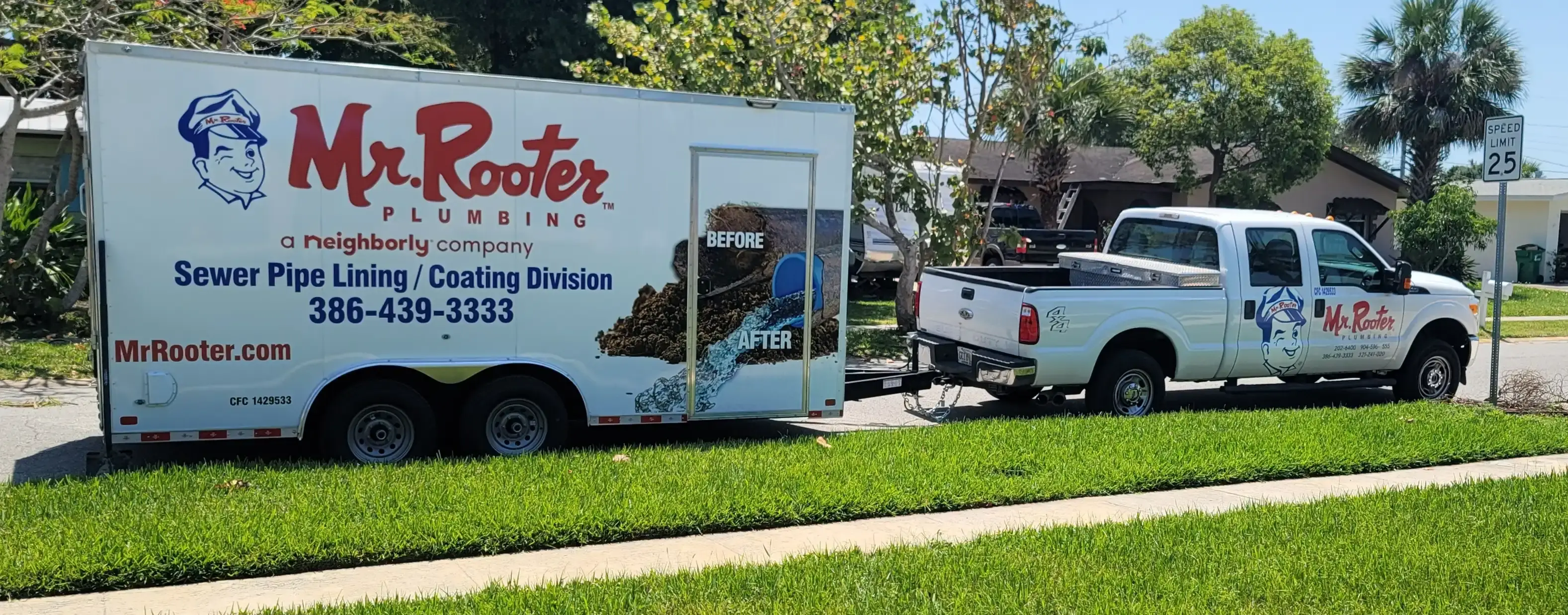 Mr. Rooter Plumbing of the Palm Coast pipe lining truck and trailer.